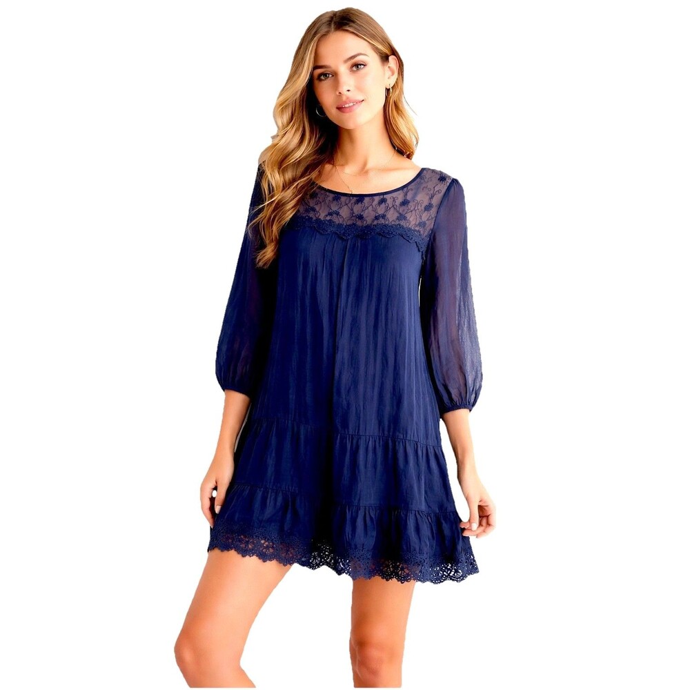 Silk Lace Boho Mini Dress Navy Sheer Romantic Cottagecore Italy S